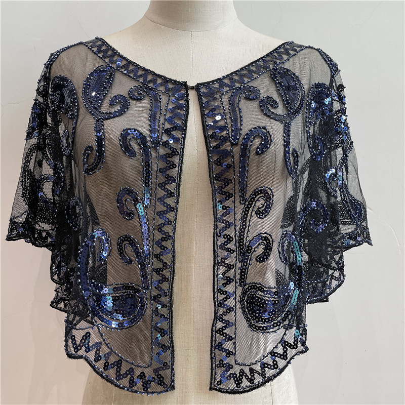 Chal de los años 20 para mujer, capa de noche decorativa con lentejuelas y cuentas, Bolero, Flapper, vestido de novia europeo y americano, chal en el escenario: Azul marino