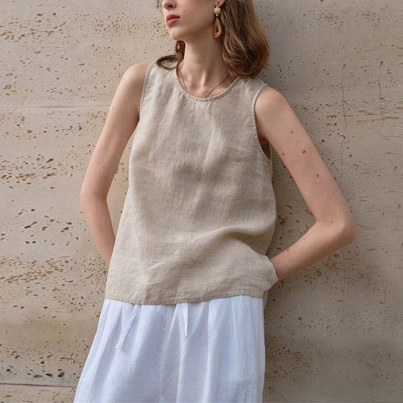 100%  ermeløse tanktopper i lin for kvinner, sommer, avslappet topp med knapper bak, elegant rund hals, hvite topper