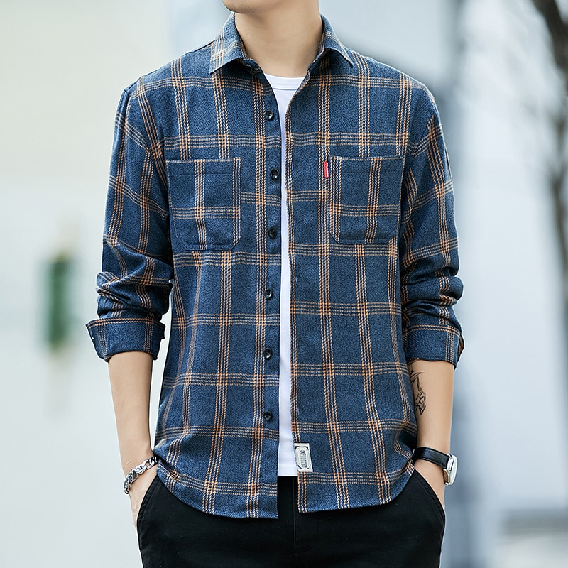 Herr flanell rutig skjorta 100%  bomull vår höst ledig långärmad skjorta mjuk komfort slim fit stilar varumärke man plus size