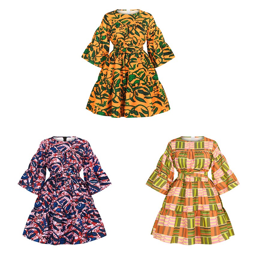 Langarm Kleid Frauen Afrikanische Kleidung Floral Print Dashiki Bazin Kurzen Rock Set mit Gürtel Trompete Hülse Kleider Neue