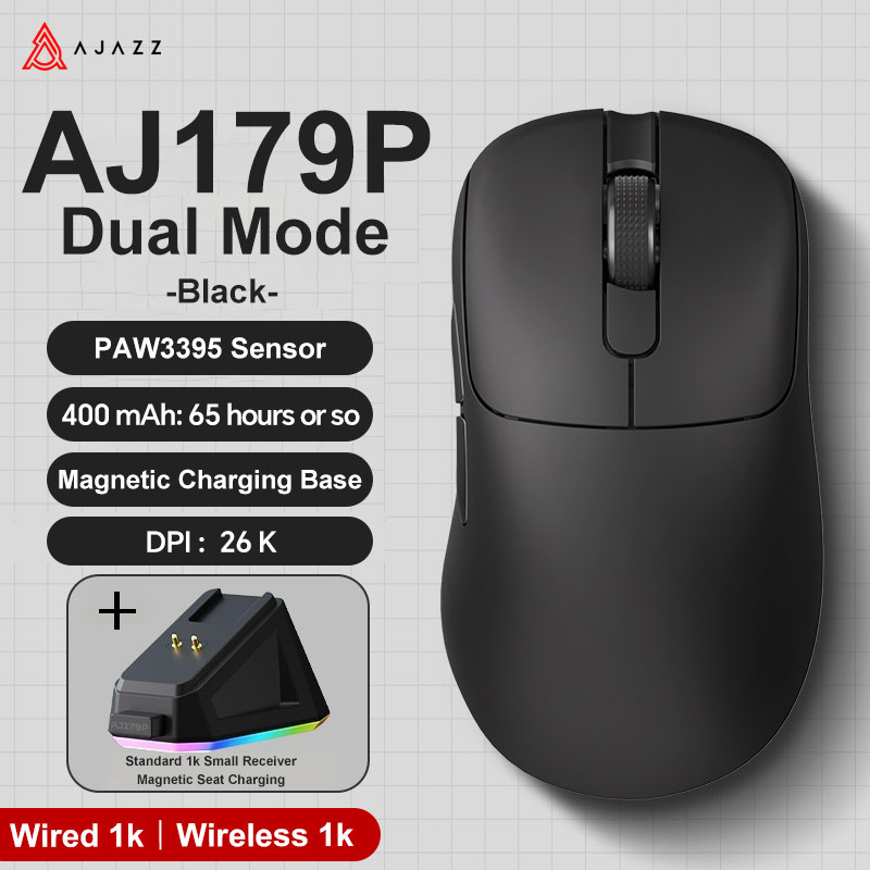 Ajazz AJ179 Apex PAW3950 Bezprzewodowa mysz do gier z stacją ładującą RGB, mysz komputerowa Macro Gamer, lekkie, ergonomiczne myszy komputerowe: SZARY