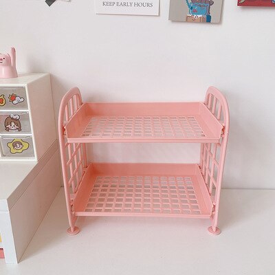 Support de rangement en plastique pour livres, coréen Ins, 2 couches, pour articles de papeterie cosmétique, de bureau, pliable, à monter soi-même: Pink