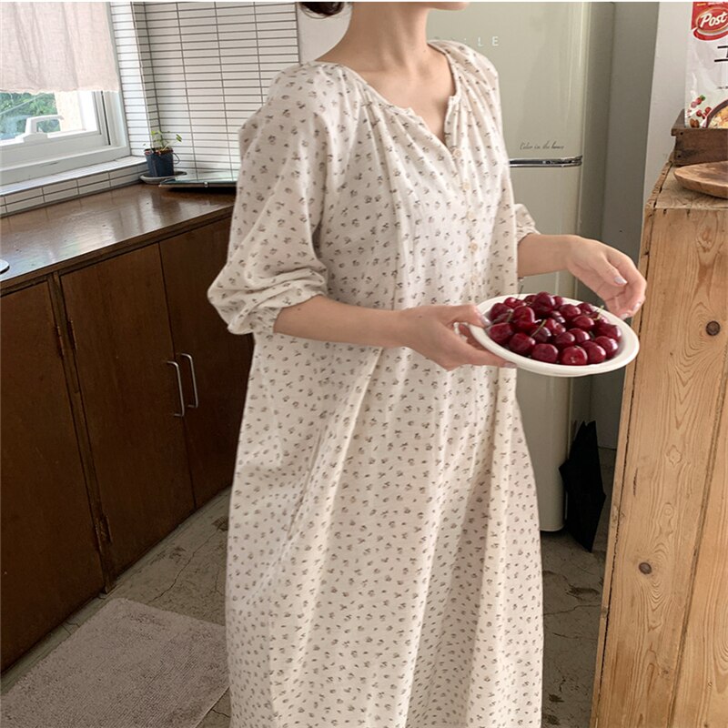 Søde blomsterprint cardigan kjole hjemmetøj kvinder natkjole lanterne ærmer natkjoler dame forår sovekjole 2022 l988