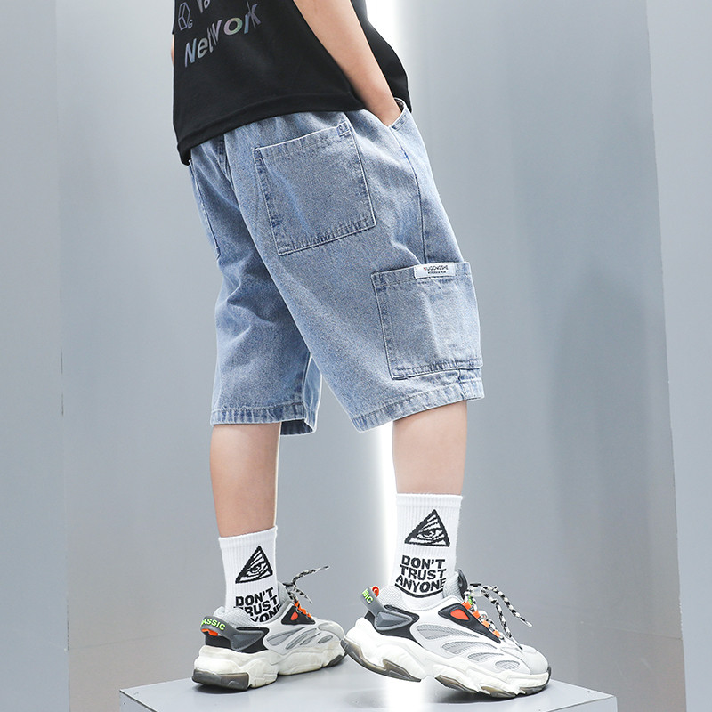 Neue 2022 Kinder Sommer Denim Shorts Mit Tasche Baby Jungen Baumwolle Kurze Jeans Kinder Casual Kalb Hosen Alter 4 5 7 9 11 13 14 jahre