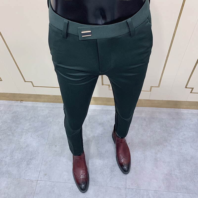 Mäns affärsklänning byxor enfärgad slim fit formell kontorsdräkt byxa streetwear fritidsbyxor pantalon homme classique: Armégrön / 33