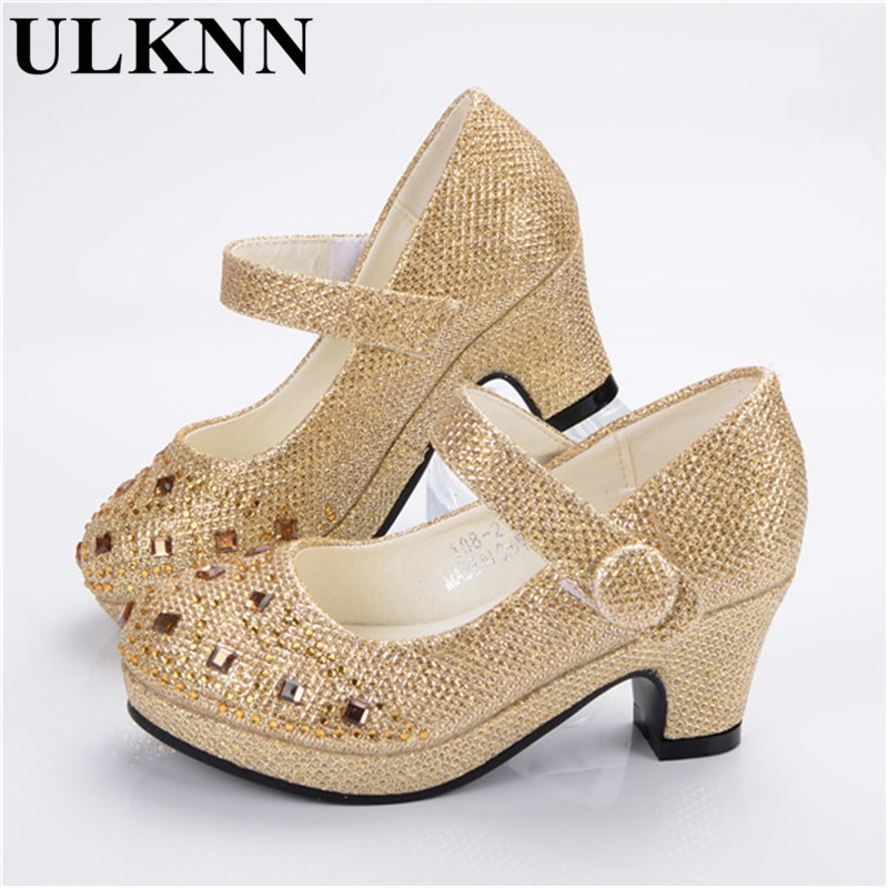 Zapatos con purpurina ULKNN para niñas, niños, Lazo de cristal, tacones altos brillantes, zapatos de princesa, zapatos nuevos de Boca de pescado para niñas, tacón alto, oro plateado