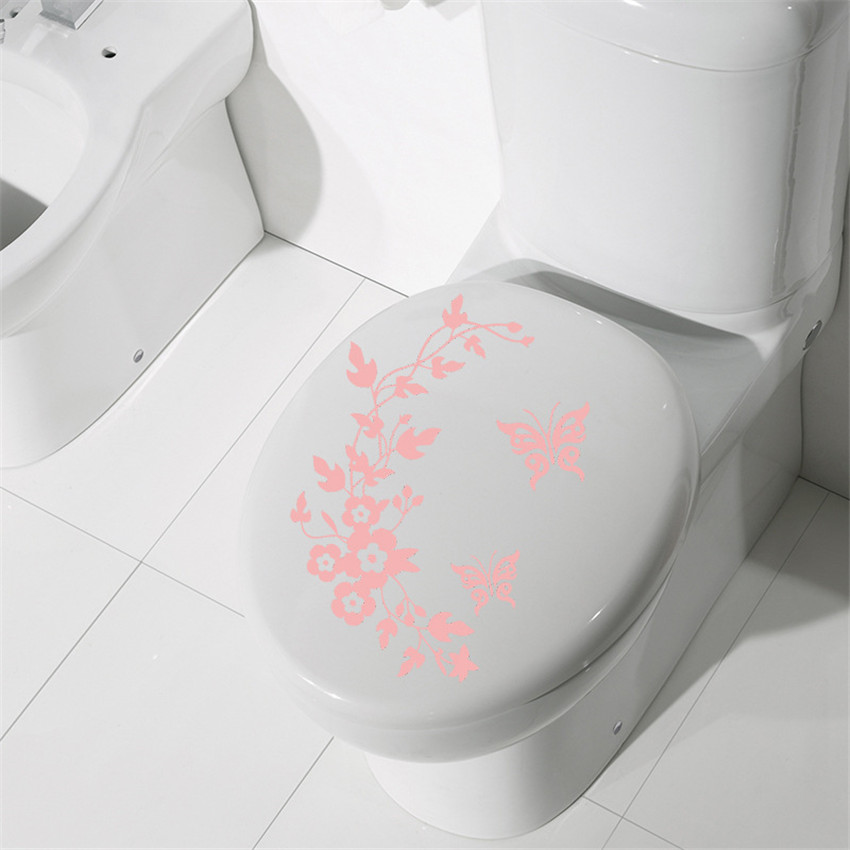 Pegatina de mariposa y flor para inodoro, pegatinas extraíbles de pared para habitación de niños, papel tapiz para decoración de inodoro, 1 ud.: Rosa