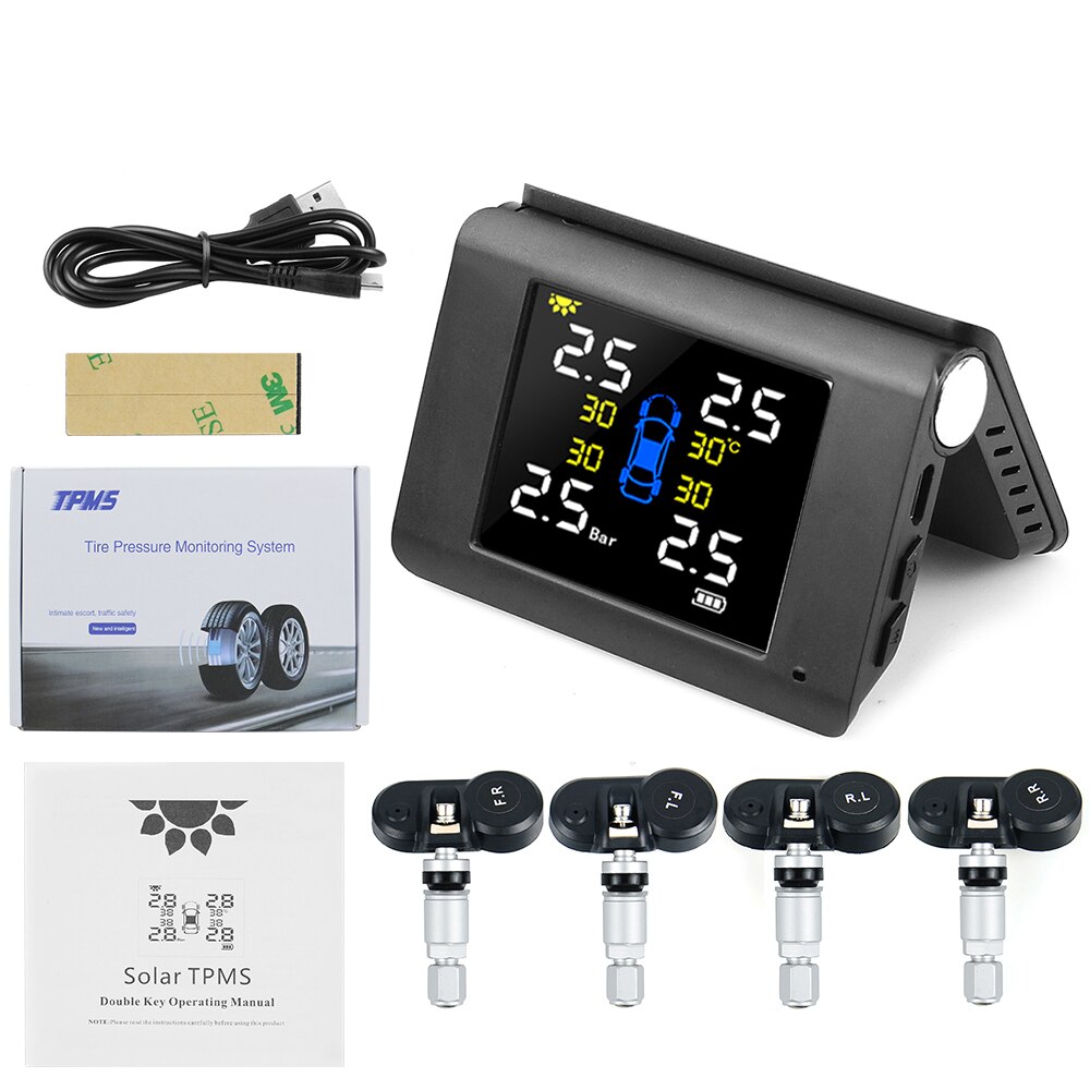 Newest TPMS Solar Power Tyre Pressure Monitoring System with 4 Sensors LCD Real-time Display Car Tire Pressure Auto Alarm System