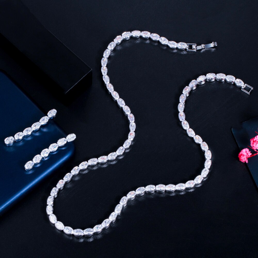 Cwwzirconi Top ovale Cubic Zirconia Party Prom collana e orecchini spose set di gioielli per accessori da damigella d&#39;onore T549