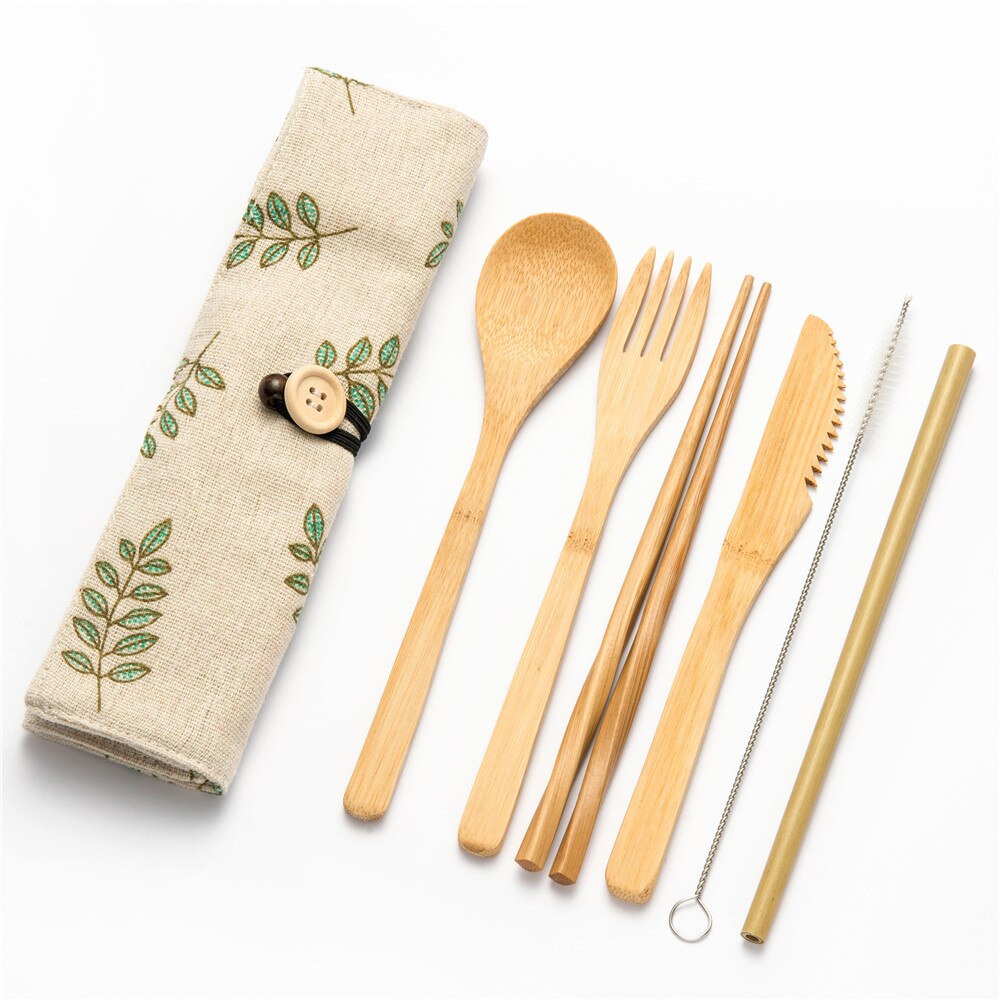 Eco-vriendelijke Reizen Herbruikbare Draagbare Bamboe Bestek Set Lepel Vork Eetstokje Sets 6 stks/set Straw Keuken Voedsel Servies Set: 7pcs set003