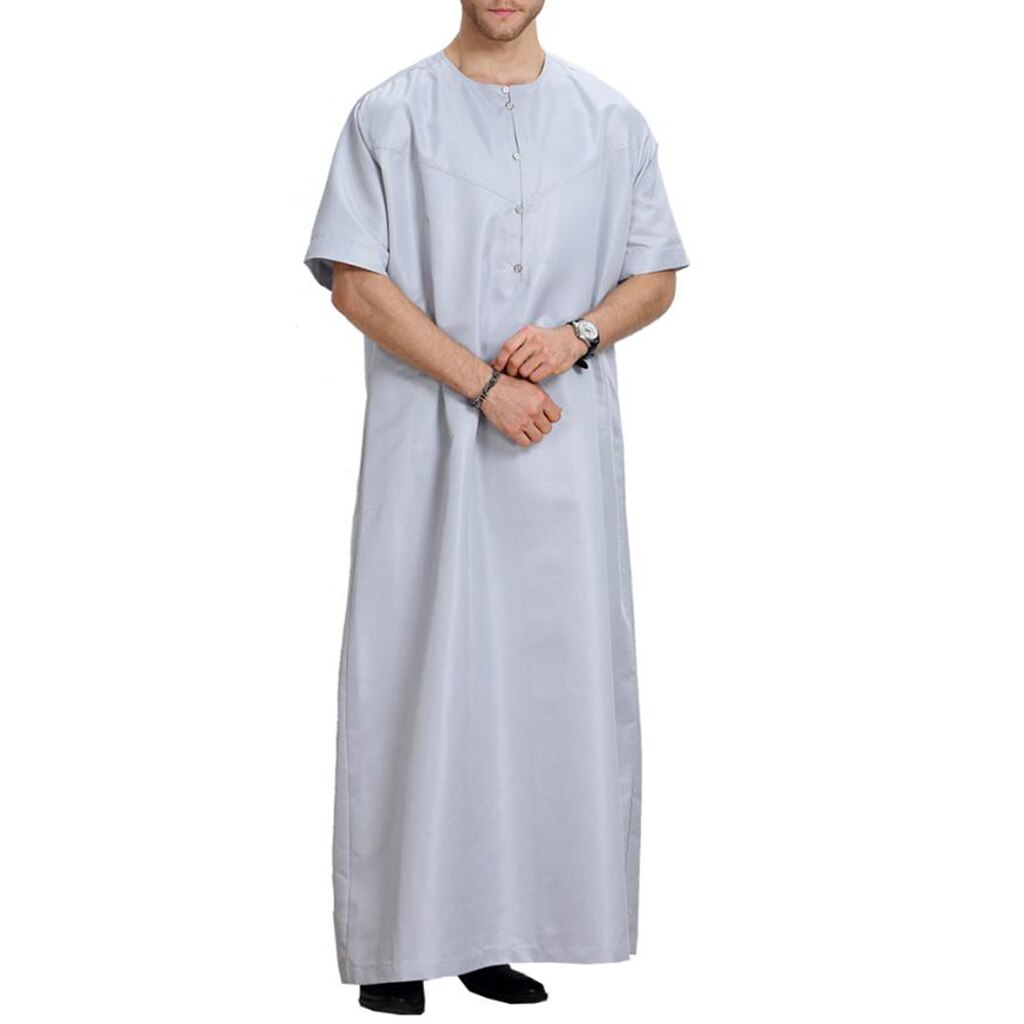 Mænds korte ærmer solid afslappet muslimsk arabisk thobe fuld længde tø kaftan: Grå xl