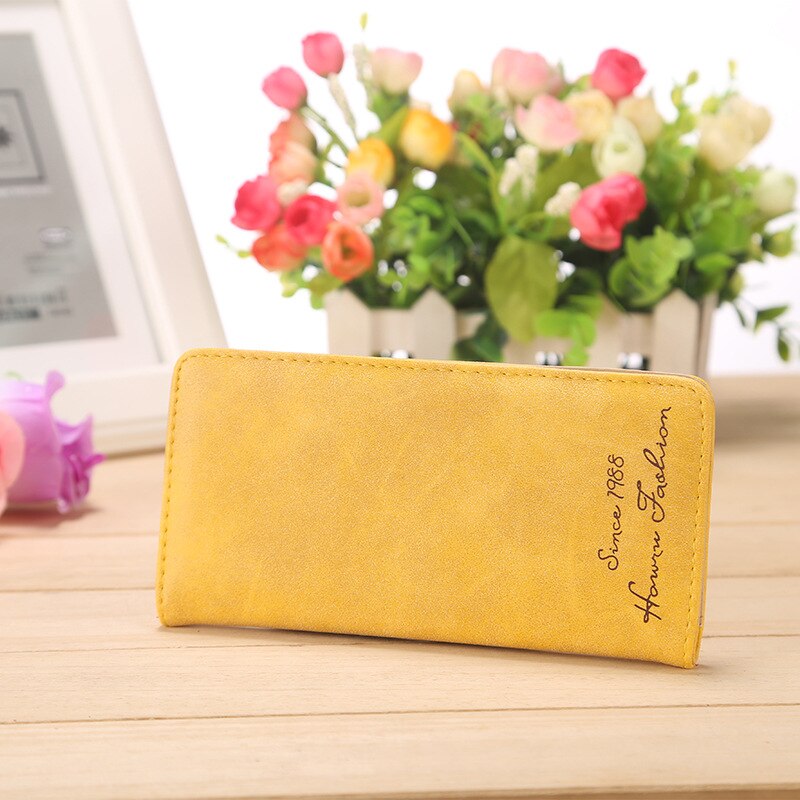 PU Leather Long Colorful Ladies Wallet Clip Thin Two Fold Women Slim Purse Letter Decoration Card Case: Yellow