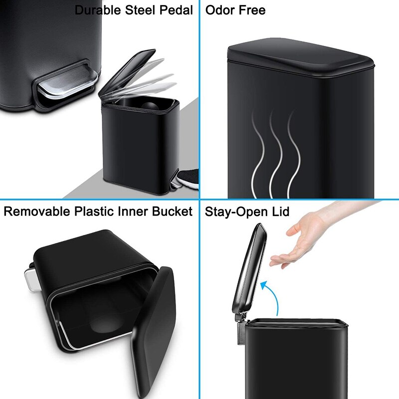Rectangular Small Trash Can with Lid Soft Close, Bathroom Trash Can with Removable Inner Wastebasket
