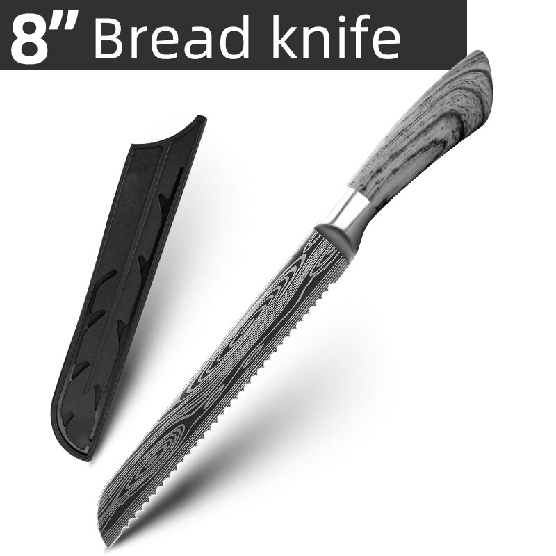 Cuchillo de cocina de acero inoxidable 7Cr17 440C, herramienta de Chef de Damasco para dibujar carne, Santoku, 1-9 piezas: 8inch Bread Knife