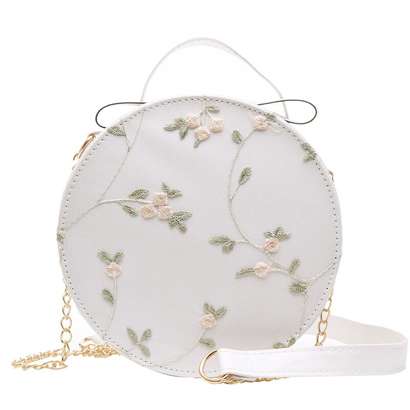 Yogodlns broderie femmes sacs ronds dentelle sac à bandoulière en cuir synthétique polyuréthane femme sac à bandoulière à fleurs sacs décontractés: White