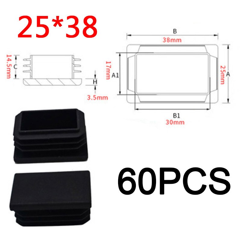 Plastic Steel Rectangular pipe plug Black Furniture Leg plug Anti Slip Feet Protector Pad Plastic square tube cap plug: 25x38mm