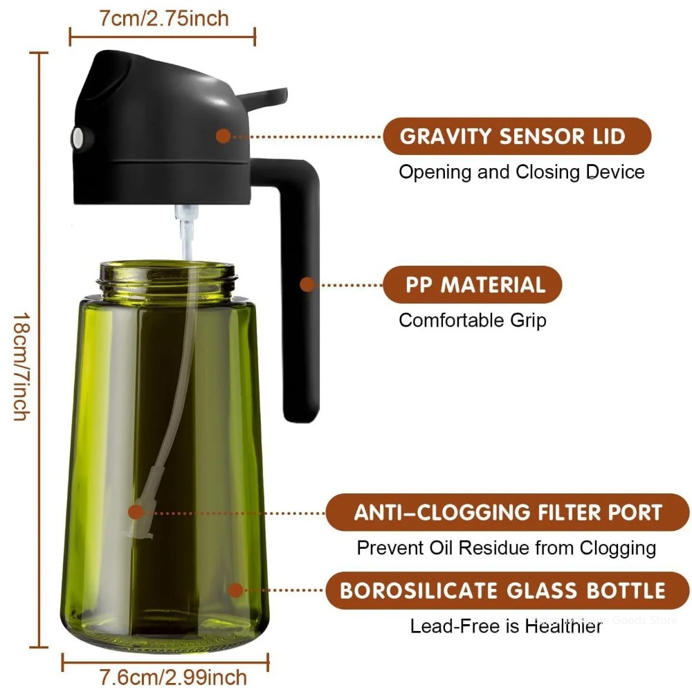 Pulverizador de aceite oscuro con bloqueo de luz de 16oz/470ML para cocinar, botella dispensadora de aceite de oliva 2 en 1 para cocina, botella de aceite de vidrio verde oscuro