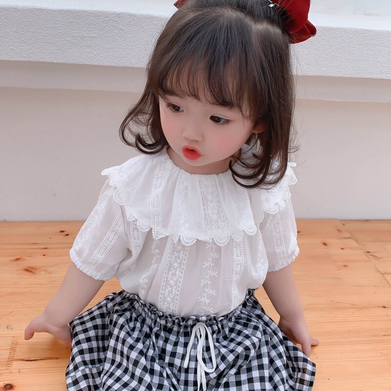 Småbarn barn klær sett 0-6t sommer baby jenter halvermet hvit blonde bluse topper barn sommer casual søt bluse: Xl  (3-4y)