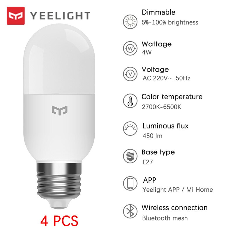 Yeelight Led Slimme Lamp M2 Bluetooth Mesh Versie E27 E14 Dimbare Lamp Kleur Temperatuur App Controle Werk Met Homekit Mi thuis: 4PCS E27