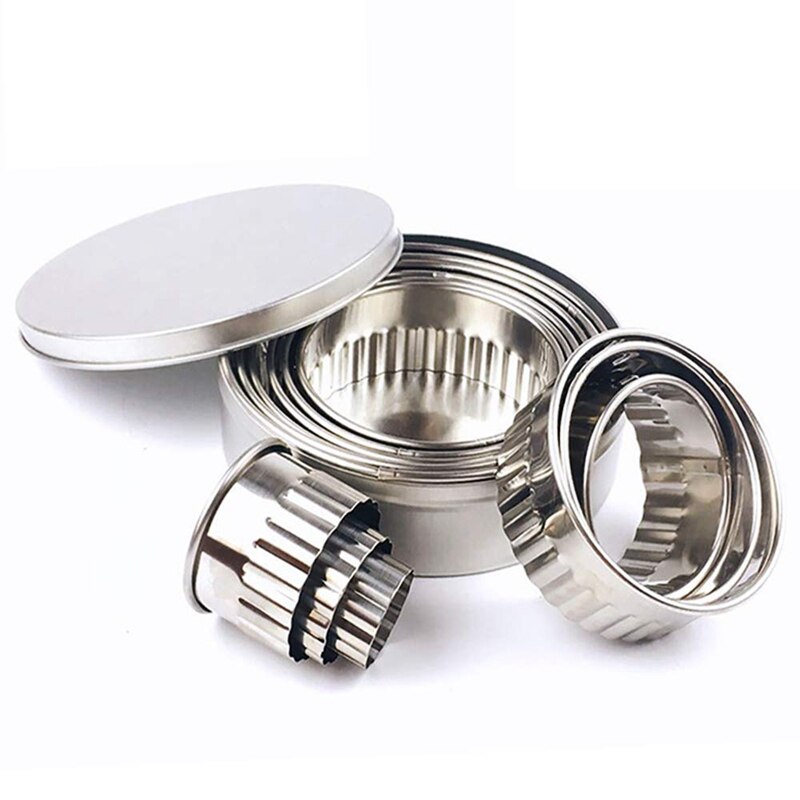 Stainless Steel Fluted Edge Round Cookie Biscuit Cutter Set 12 Pieces Graduated Ring Sizes: Default Title