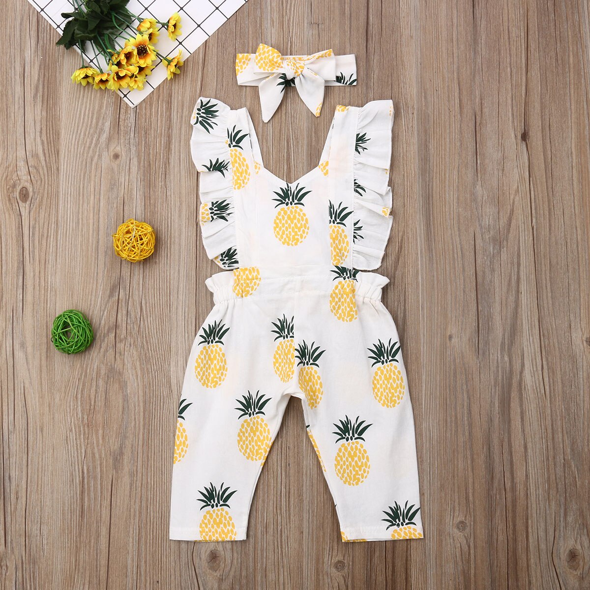 Baby Summer Clothing Newborn Baby Girl Boy Pineapple Romper Ruffle Sleeve Yellow Jumpsuit Headband Outfit Set 0-24M