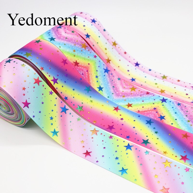10 Yards 1.5 "38MM brillant arc-en-ciel or étoile imprimé ruban gros-grain pour cheveux nœuds bricolage artisanat accessoires faits à la main M19090201