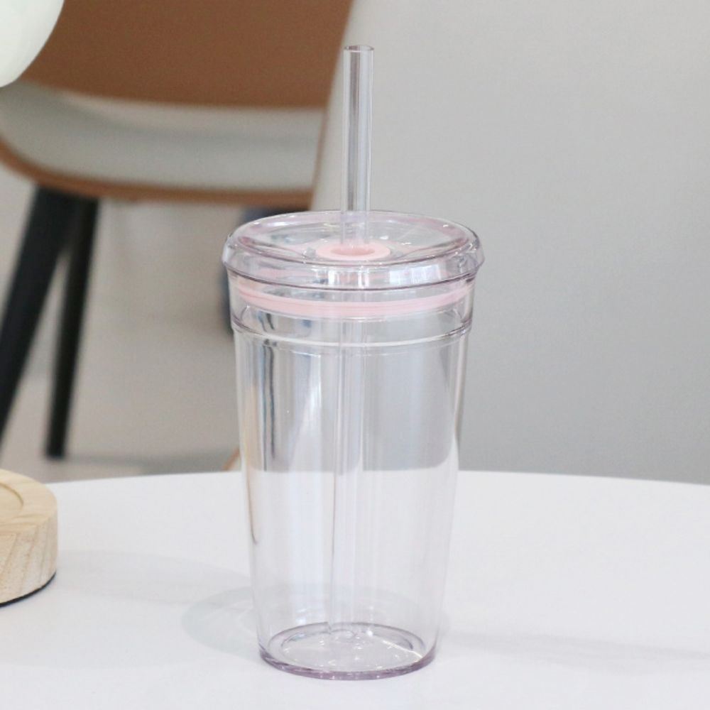 Taza con pajita portátil de 450ml, vaso transparente de una sola capa para beber, vaso de plástico reutilizable para coche, hogar