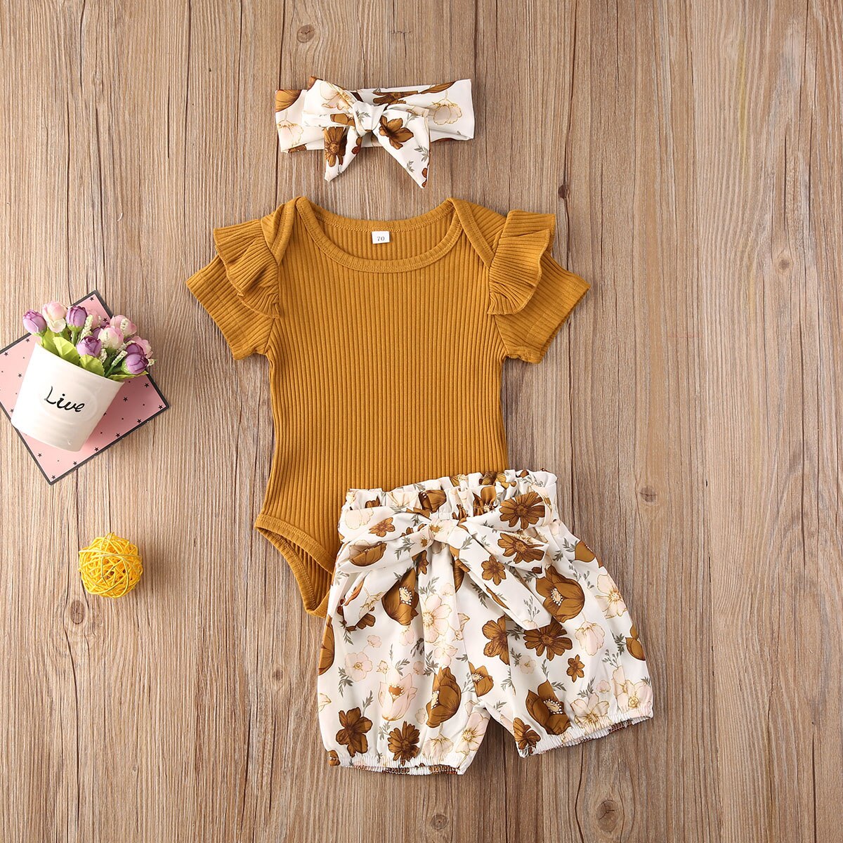 0-24m adorável infantil bebê meninas conjuntos de roupas 3 pçs babados manga curta macacão + floral shorts + bandana