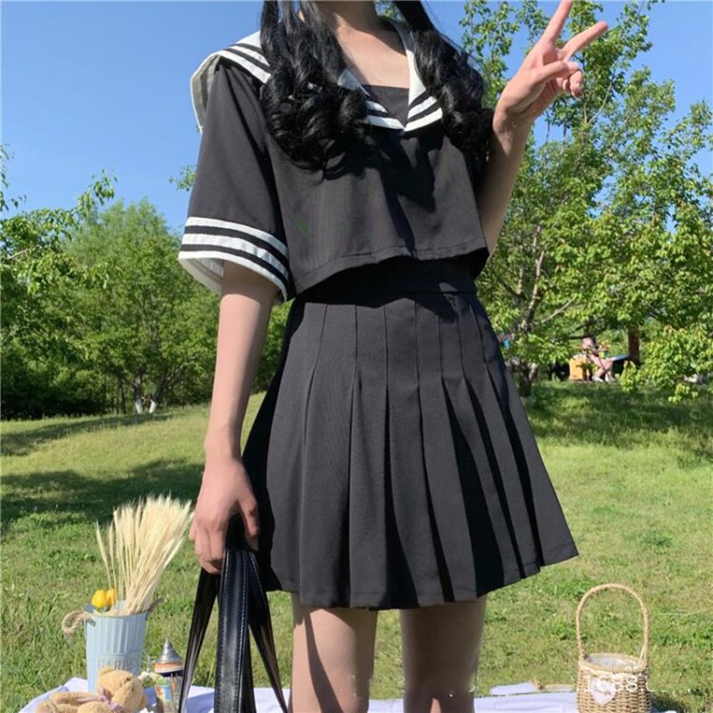 Japanese Korean Version Black White JK Suit Woman School Uniform Crop Sailor Top Cosplay Costumes Student Girls Pleated Skirt: Black / M