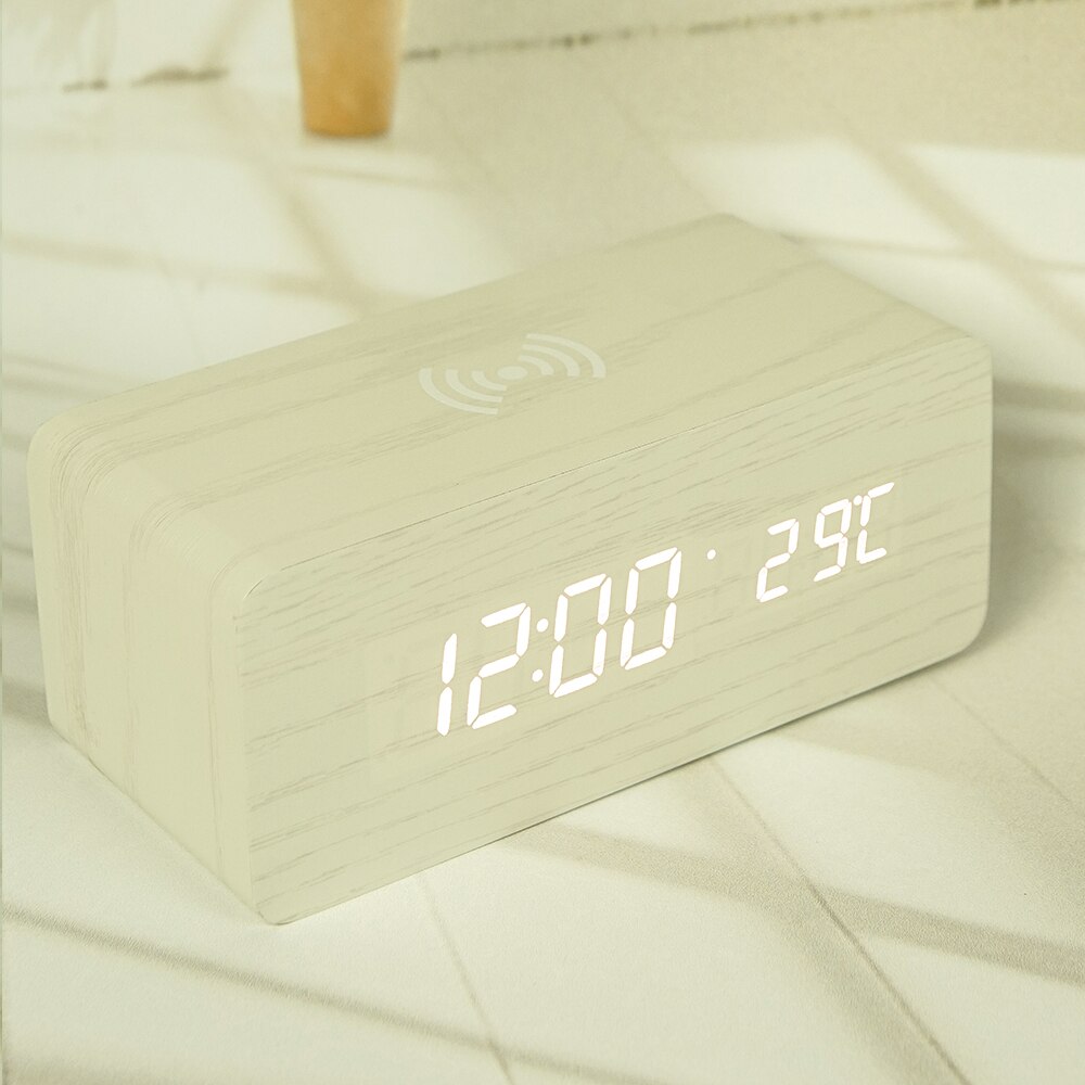 Creatieve Decoratie Elektronische Klok Mobiele Telefoon Draadloos Opladen Houten Klok Led Digitale Klok Geluid Controle Functie: white
