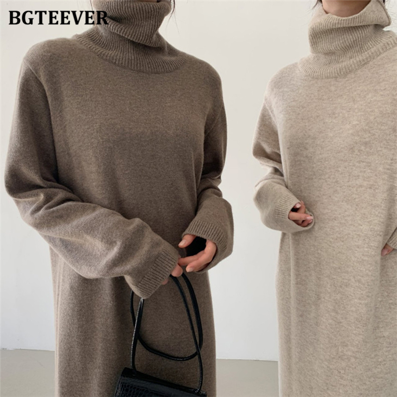 Bgteever afslappet tykkere varm kvinders strikket kjole med lange ærmer, løs turtleneck, kvindelige sweaterkjoler efterår vinter vestidos