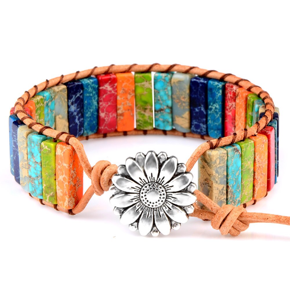 Chanfar – Bracelet en cuir de gemme naturel multicolore, Style tibétain gitane perlé réglable pour hommes et femmes: Multicolor 4