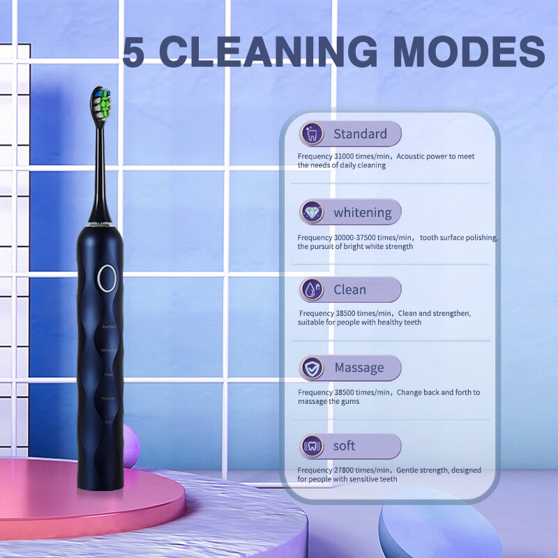 Boyakang Ultrasonic Vibration Electric Toothbrush 5 Modes Smart Timing IPX8 Waterproof Dupont Bristles USB Charging BYK27