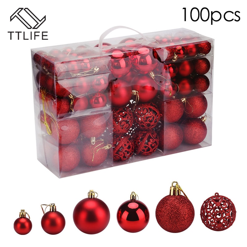 TTLIFE 100 Pieces Christmas Ball Ornaments Xmas Tree Ball Bauble Hanging Home Colorful Party Ornament Festival Decor Solid Box