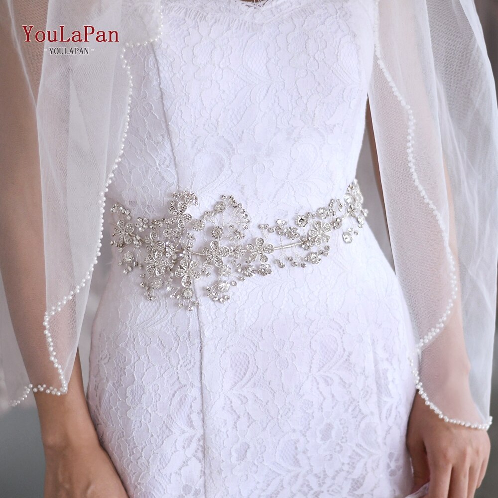 YouLaPan SH273 Princess Bridal Belt with Alloy Flower Rhinestone Applique Belts Women Belts with Diamonds Style Bridal Belt