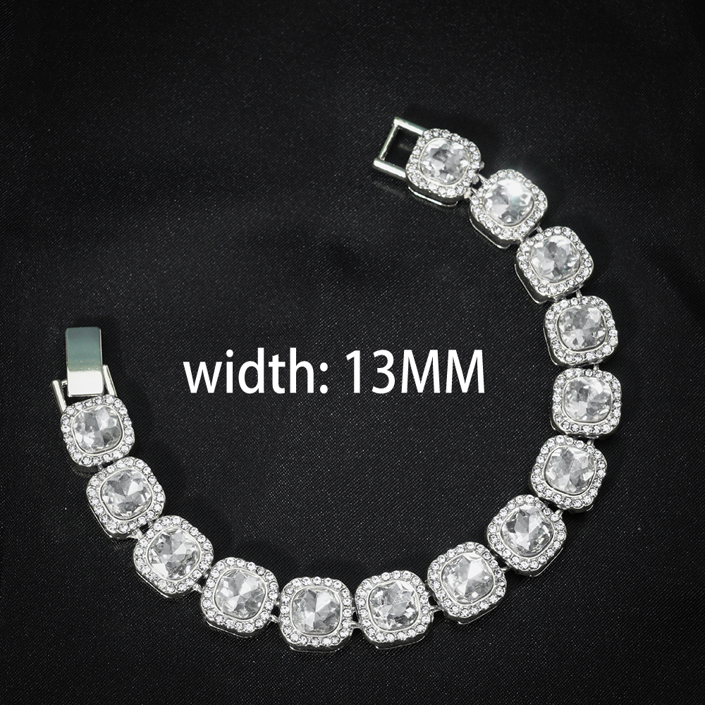 HipHop Men Women 13MM Prong Cuban Link Chain Bracelet Bling Iced Out 2 Row Rhinestone Paved Miami Rhombus Cuban Chain Jewelry: 16cm / Green Dragonly