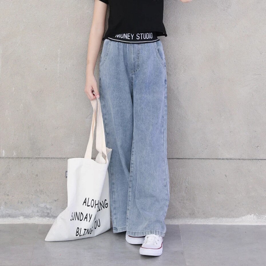 Teenage Girls Jeans Spring Autumn Casual Loose Blue Kids Leg Wide Pants School Children Trousers 6 8 10 12 Year
