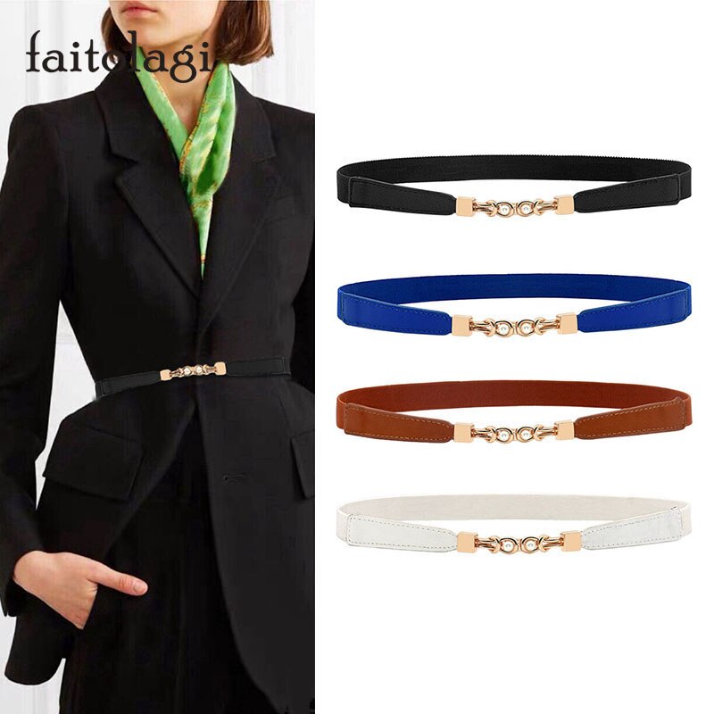 Cinturones finos de para mujer, cinturón elástico para vestido de señora, hebilla de perla, marrón, negro, correa para cintura femenina