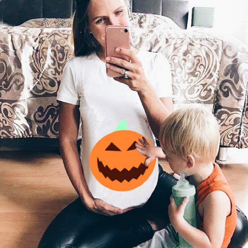 T-shirt de maternité drôle pour les femmes enceintes vêtements 3XL hauts Halloween citrouille vêtements de grossesse T horreur Halloween de fête