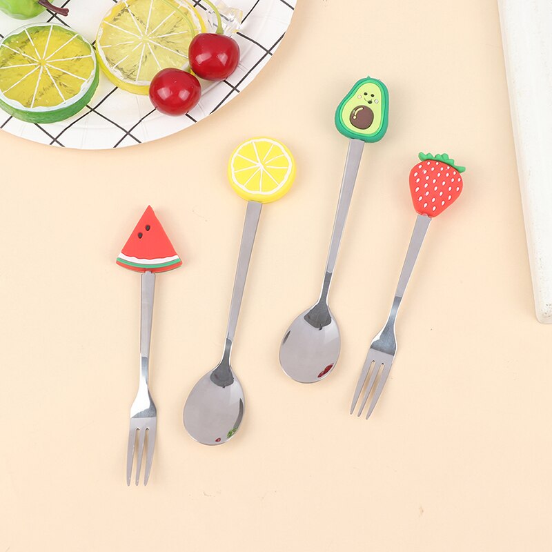 Tenedor de acero inoxidable con forma de fruta para niños, Mini tenedores para fruta, pastel, postre, ensalada, cubiertos de comida de dibujos animados, herramienta de cocina, 2 uds.