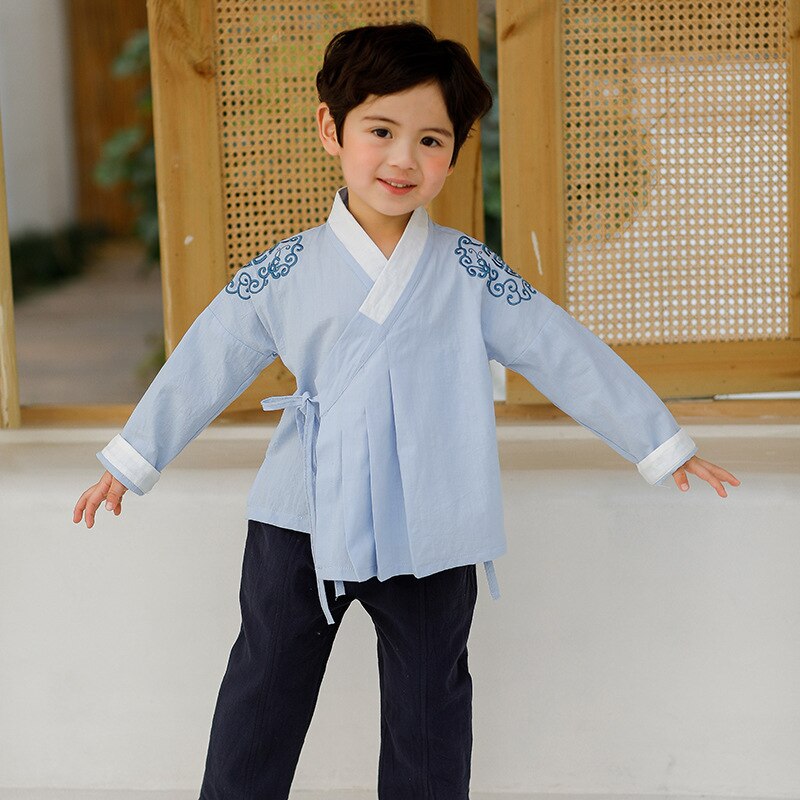 2Pcs Kids Blauw Hanfu Kinderen Baby Jongens Chinese Stijl Retro Geborduurde Rode Tang Pak Jaar Oosterse Kleding Set tops Broek