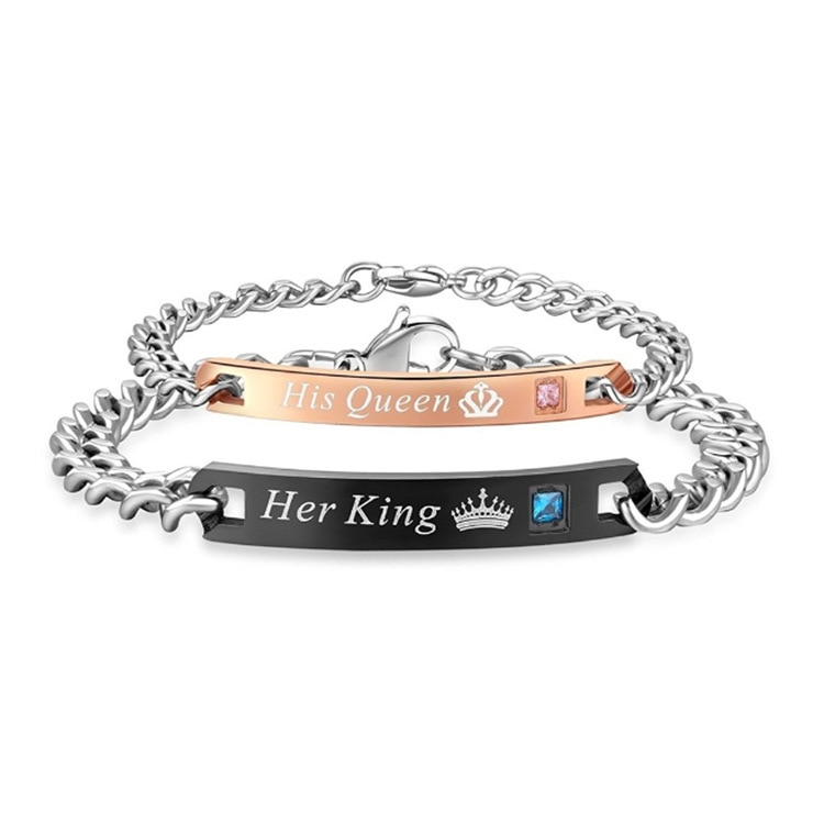 Diy amantes pulseira sua rainha seu rei sua besta sua beleza de aço inoxidável strass coroa charme casal pulseira presente