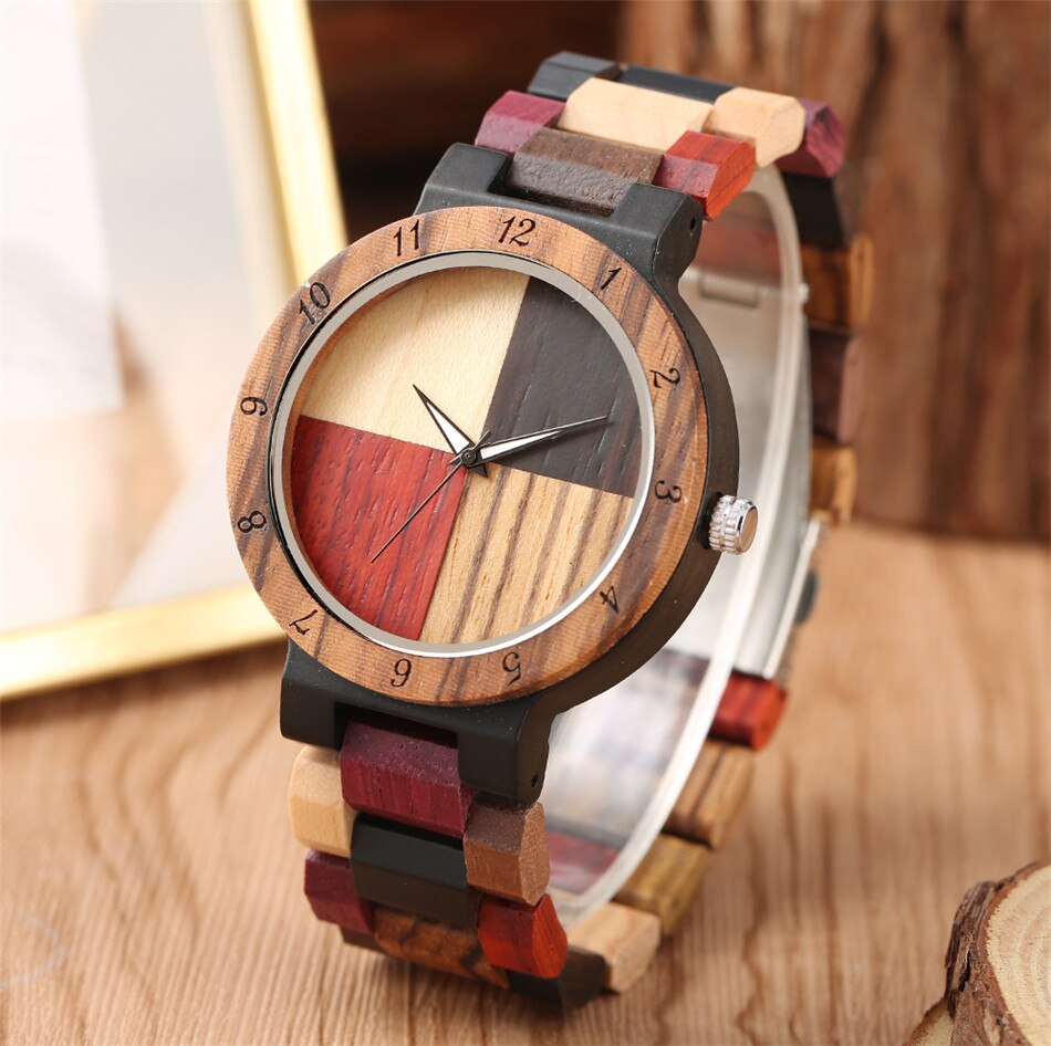 Mix-Gekleurde Houten Horloge Voor Koppels Quartz Houten Bangle Uurwerk Vouwsluiting Lover Natuurlijke Hout Horloges