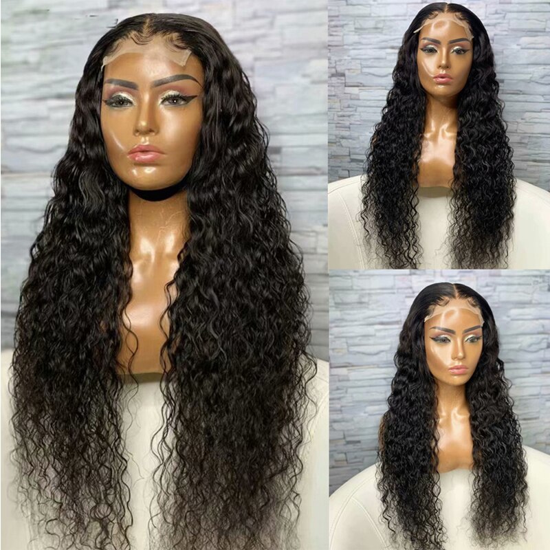 Natural Black Long Water Wave Lace Front Wig Synthetic Hair With Baby Hair High temperature Heat Resistant Fiber Hair G