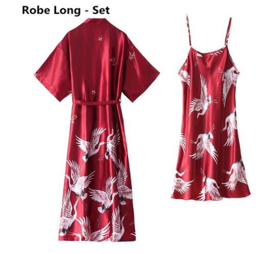 Vrouwen Nachtjapon Ijs Zijde Chinese Stijl Kraan Print Half Mouw Kimono Badjas Bruid Bruidsmeisje Bruiloft Lange Gewaad Niet-pak: L / Beige