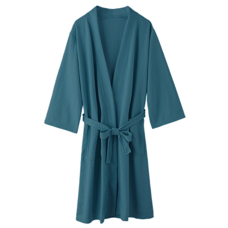 Unisex Loose Belted Quick Dry Bath Robe Waffle Weave Open Front Kimono Nightgown X5XD: Green / M
