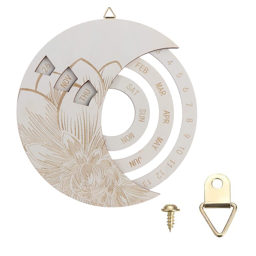 Hanging Perpetual Calendar Wooden Rotatable wall decoration Hand-Carved Adjustable Birthday Reminder Calendar Sign Board: Type 1 Wood Color