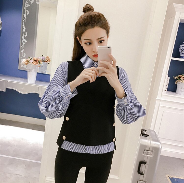 Neploe primavera para mujer a rayas camisa de manga larga y chaleco dos piezas mujeres Blusa de manga larga Chaleco Corto establece 66369: L