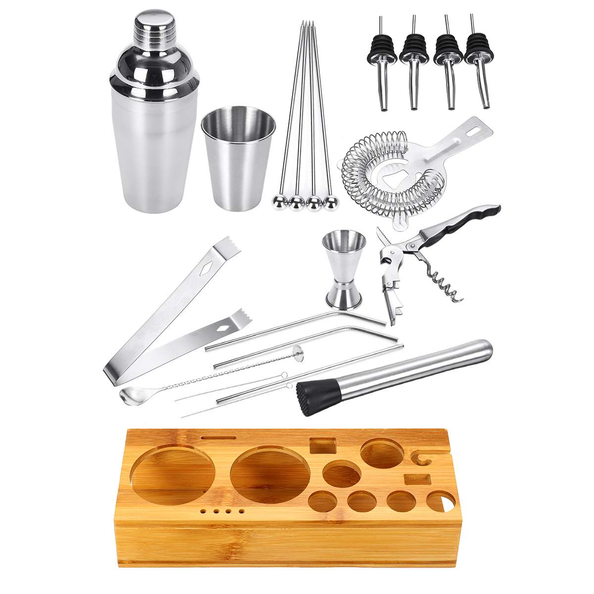 Barware Cocktail Shaker Bar Set cocktail making kit with Wooden Shelf Stainless Steel Bartender Tools Bar Muddler Mixer Maker