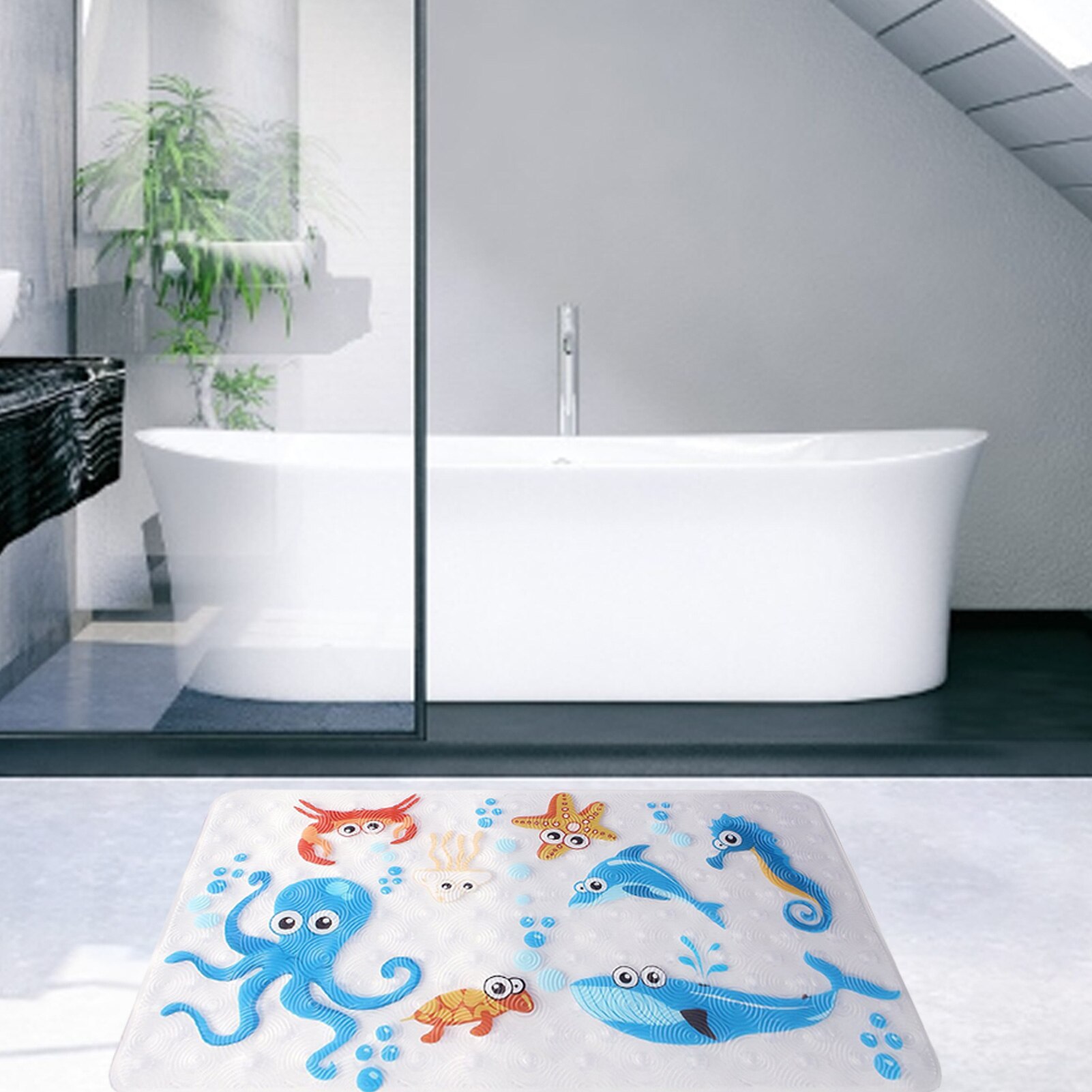 Children Bathroom Non Slip Mat Toilet Shower Room Foot Mat Bathtub Children Cartoon Deep Sea Fish Bath Mat With Suction Cup